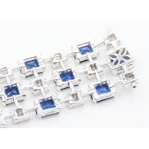 228 - Fine Sapphire and Diamond Baguette Cut Ladies Three Row Bracelet Articulated Form Mounted on 18 Cara... 