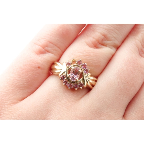 24 - Attractively Detailed Pink Garnet Cluster Ring Set in 9 Carat Yellow Gold Ring Size N and a Half One... 