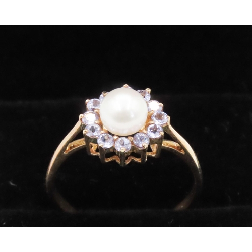 242 - Pearl and Pale Tanzanite Set Ladies Cluster Ring Mounted in 9 Carat Yellow Gold Ring Size P