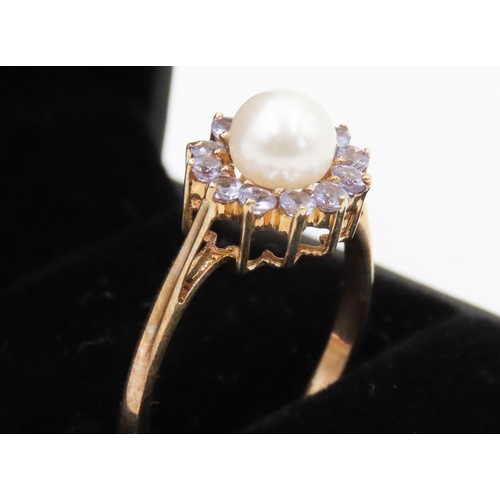 242 - Pearl and Pale Tanzanite Set Ladies Cluster Ring Mounted in 9 Carat Yellow Gold Ring Size P