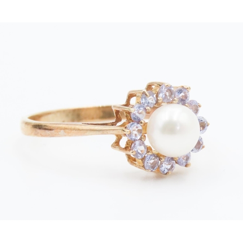 242 - Pearl and Pale Tanzanite Set Ladies Cluster Ring Mounted in 9 Carat Yellow Gold Ring Size P