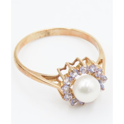 242 - Pearl and Pale Tanzanite Set Ladies Cluster Ring Mounted in 9 Carat Yellow Gold Ring Size P