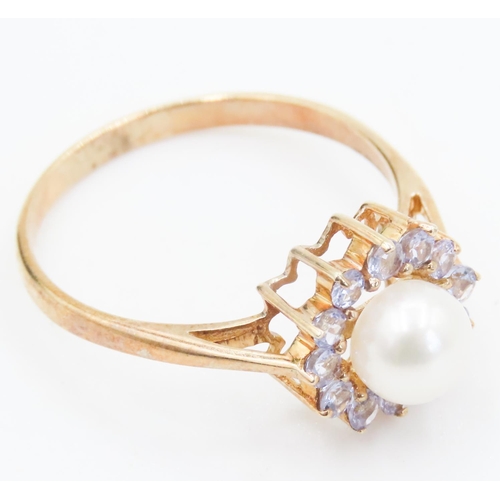 242 - Pearl and Pale Tanzanite Set Ladies Cluster Ring Mounted in 9 Carat Yellow Gold Ring Size P