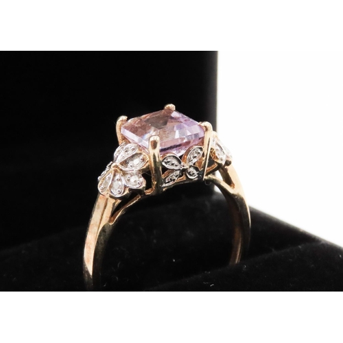 246 - Princess Cut Pale Amethyst Ring Set in 9 Carat Yellow Gold with Diamond Set Floral Motifs to Shoulde... 