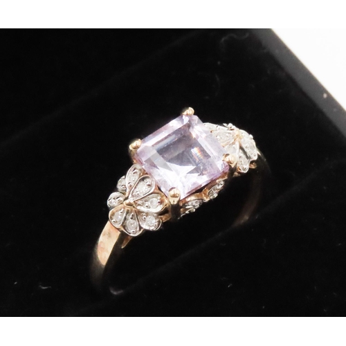 246 - Princess Cut Pale Amethyst Ring Set in 9 Carat Yellow Gold with Diamond Set Floral Motifs to Shoulde... 