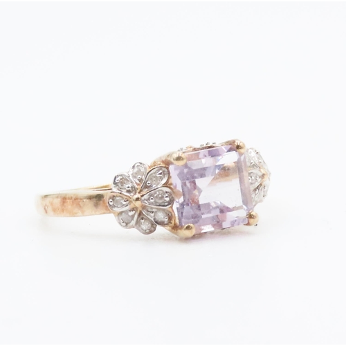 246 - Princess Cut Pale Amethyst Ring Set in 9 Carat Yellow Gold with Diamond Set Floral Motifs to Shoulde... 