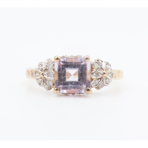 246 - Princess Cut Pale Amethyst Ring Set in 9 Carat Yellow Gold with Diamond Set Floral Motifs to Shoulde... 