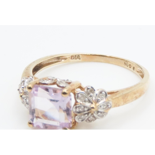 246 - Princess Cut Pale Amethyst Ring Set in 9 Carat Yellow Gold with Diamond Set Floral Motifs to Shoulde... 