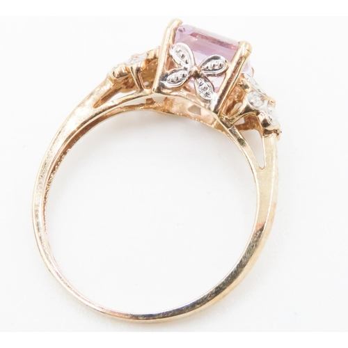 246 - Princess Cut Pale Amethyst Ring Set in 9 Carat Yellow Gold with Diamond Set Floral Motifs to Shoulde... 