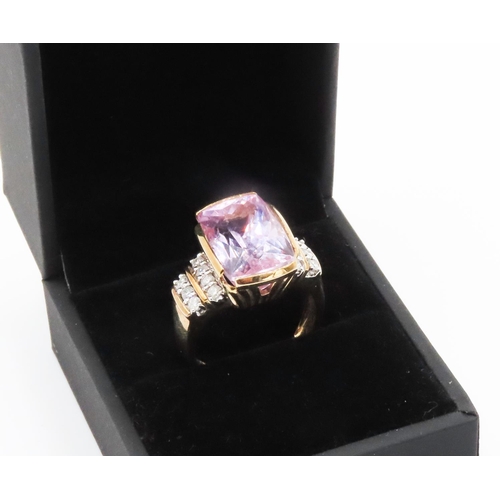 256 - Unusual Pink Tourmaline Centerstone Ring Bar Set in 9 Carat Yellow Gold Band with Two Row Diamonds S... 