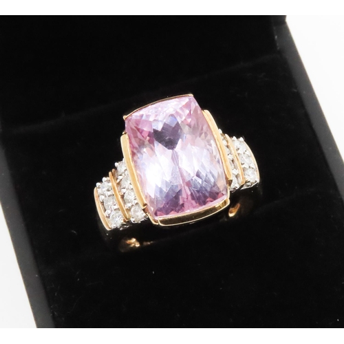 256 - Unusual Pink Tourmaline Centerstone Ring Bar Set in 9 Carat Yellow Gold Band with Two Row Diamonds S... 