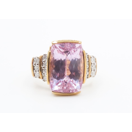 256 - Unusual Pink Tourmaline Centerstone Ring Bar Set in 9 Carat Yellow Gold Band with Two Row Diamonds S... 