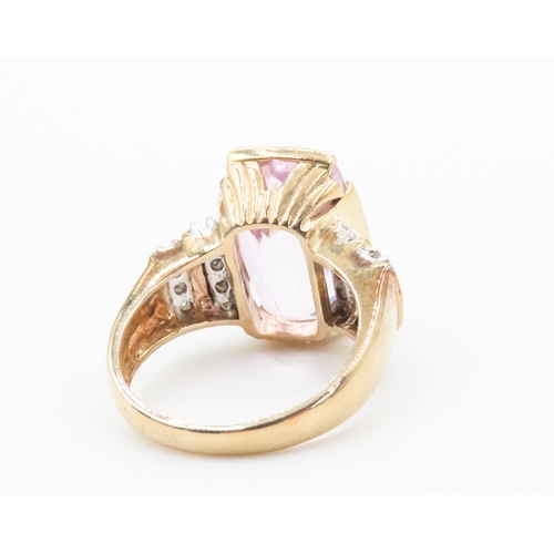 256 - Unusual Pink Tourmaline Centerstone Ring Bar Set in 9 Carat Yellow Gold Band with Two Row Diamonds S... 