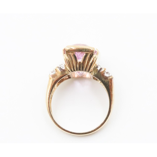 256 - Unusual Pink Tourmaline Centerstone Ring Bar Set in 9 Carat Yellow Gold Band with Two Row Diamonds S... 