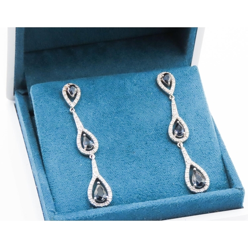 257 - Pair of Pair Cut Sapphire and Diamond Set Ladies Drop Earrings Set in 18 Carat White Gold 4,5cm Drop