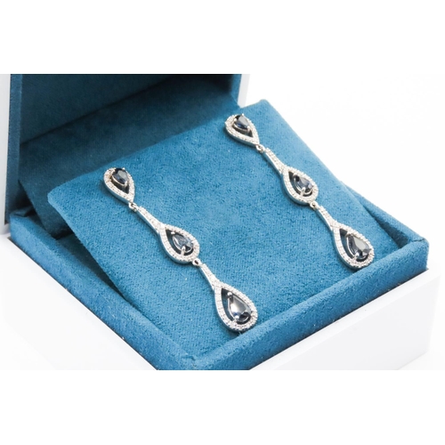 257 - Pair of Pair Cut Sapphire and Diamond Set Ladies Drop Earrings Set in 18 Carat White Gold 4,5cm Drop