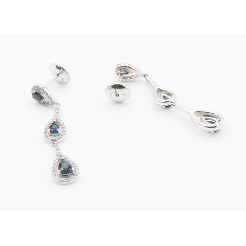 257 - Pair of Pair Cut Sapphire and Diamond Set Ladies Drop Earrings Set in 18 Carat White Gold 4,5cm Drop