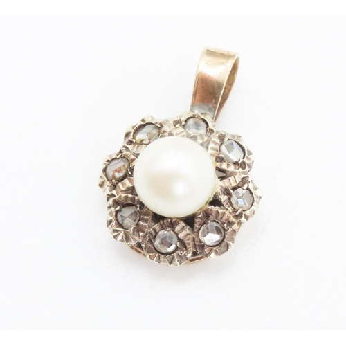 263 - Pearl Set Pendant with Rose Cut Diamond Halo Set in 9 Carat Yellow Gold 2cm High