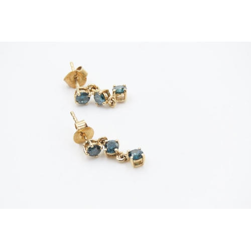 273 - Pair of Three Stone London Topaz Set Drop Earrings Set in 9 Carat Yellow Gold 2cm Drop