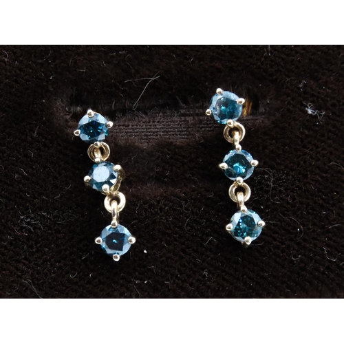 273 - Pair of Three Stone London Topaz Set Drop Earrings Set in 9 Carat Yellow Gold 2cm Drop