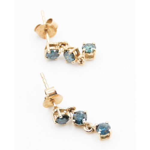 273 - Pair of Three Stone London Topaz Set Drop Earrings Set in 9 Carat Yellow Gold 2cm Drop