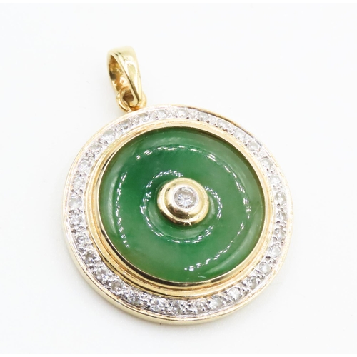 274 - Unusual Circular Form Jade Pendant Set in 18 Carat Yellow Gold with Diamond Surround Total Diamond C... 