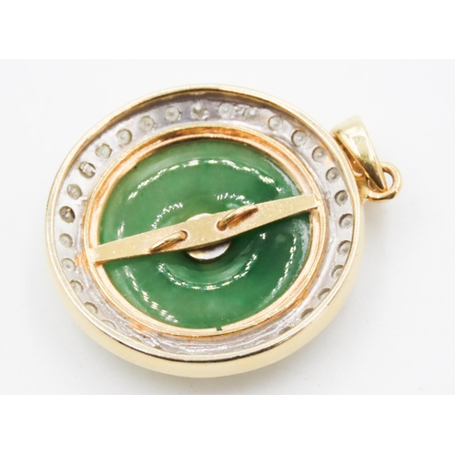 274 - Unusual Circular Form Jade Pendant Set in 18 Carat Yellow Gold with Diamond Surround Total Diamond C... 