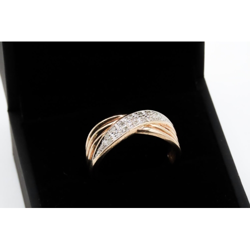 Two Row Diamond Set Crossover Form Ring Mounted in 9 Carat Yellow Gold Ring Size O and a Half