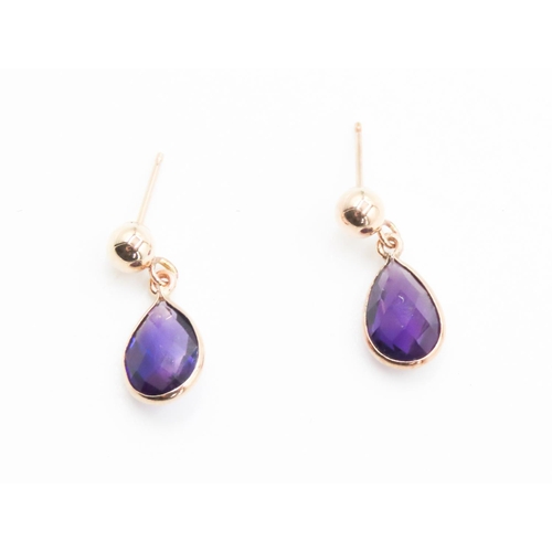 307 - Pair of Amethyst Set Tear Drop Earrings Set in 9 Carat Yellow Gold Each 1.5cm Drop