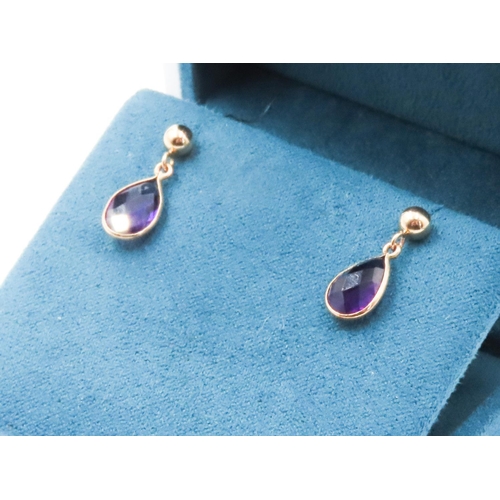 307 - Pair of Amethyst Set Tear Drop Earrings Set in 9 Carat Yellow Gold Each 1.5cm Drop