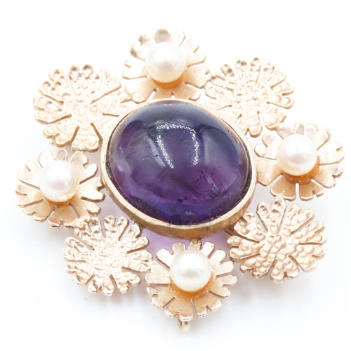 316 - Edwardian Attractively Detailed Polished Amethyst and Pearl Set Floral Form Brooch Mounted in 9 Cara... 