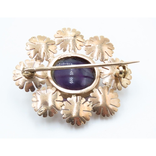 316 - Edwardian Attractively Detailed Polished Amethyst and Pearl Set Floral Form Brooch Mounted in 9 Cara... 