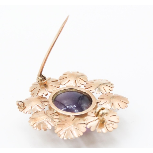 316 - Edwardian Attractively Detailed Polished Amethyst and Pearl Set Floral Form Brooch Mounted in 9 Cara... 