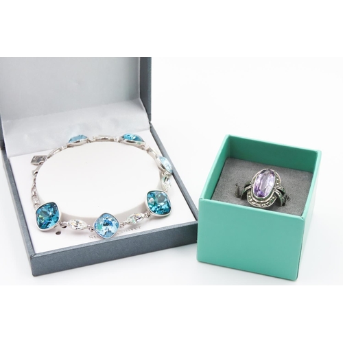 322 - Blue Topaz Set Silver Bracelet 21cm Long with Amethyst and Marcasite Set Silver Ring Size O