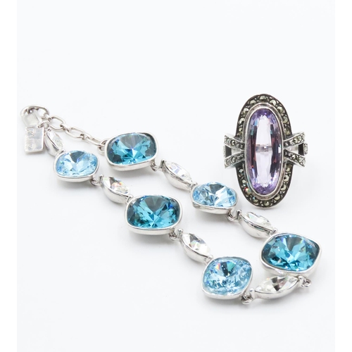 322 - Blue Topaz Set Silver Bracelet 21cm Long with Amethyst and Marcasite Set Silver Ring Size O