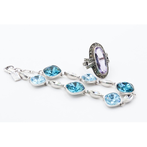 322 - Blue Topaz Set Silver Bracelet 21cm Long with Amethyst and Marcasite Set Silver Ring Size O