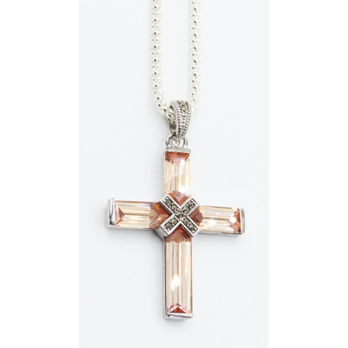 324 - Gemstone Set Crucifix Pendant Mounted in Silver 5cm High Further Set on Silver Chain 46cm Long