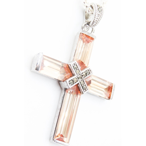 324 - Gemstone Set Crucifix Pendant Mounted in Silver 5cm High Further Set on Silver Chain 46cm Long