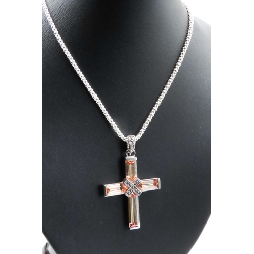 324 - Gemstone Set Crucifix Pendant Mounted in Silver 5cm High Further Set on Silver Chain 46cm Long