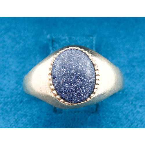 33 - Azure Blue Goldstone Set Gents Panel Ring Set in 9 Carat Yellow Gold Ring Size N and a Half