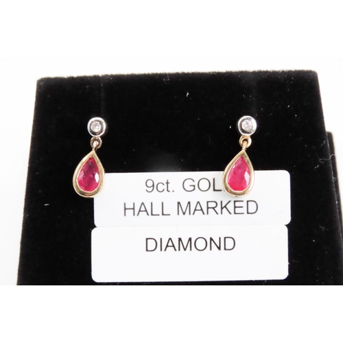 332 - Pair of Bezel Set Ruby and Diamond Tear Drop Earrings Set in 9 Carat Yellow Gold Each 1.5cm Drop