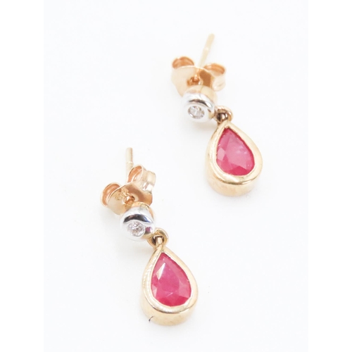 332 - Pair of Bezel Set Ruby and Diamond Tear Drop Earrings Set in 9 Carat Yellow Gold Each 1.5cm Drop