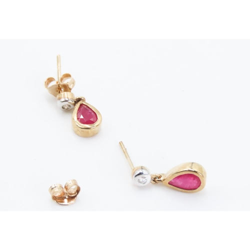 332 - Pair of Bezel Set Ruby and Diamond Tear Drop Earrings Set in 9 Carat Yellow Gold Each 1.5cm Drop