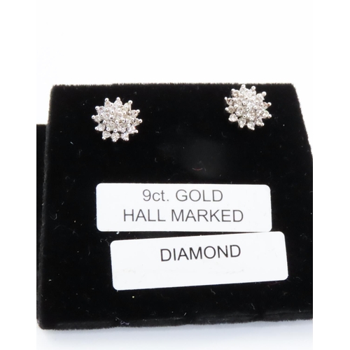 333 - Pair of Diamond Set Ladies Cluster Earrings Set in 9 Carat Yellow Gold 7mm High