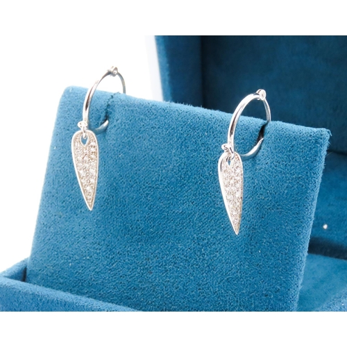 335 - Pair of Diamond Set Ladies Drop Hoop Earrings Set in 9 Carat White Gold 2cm Drop