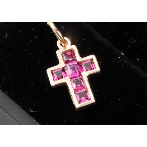 336 - Six Stone Ruby Set Cross Pendant Mounted in 9 Carat Yellow Gold 2cm High