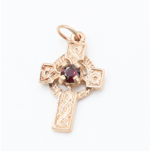 337 - Red Garnet Set Attractively Detailed Cross Pendant Set in 9 Carat Yellow Gold 3cm High