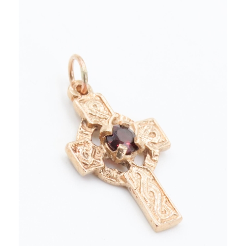 337 - Red Garnet Set Attractively Detailed Cross Pendant Set in 9 Carat Yellow Gold 3cm High