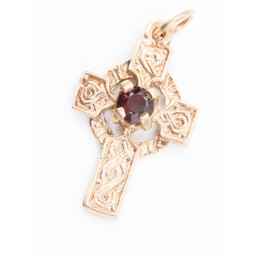 337 - Red Garnet Set Attractively Detailed Cross Pendant Set in 9 Carat Yellow Gold 3cm High