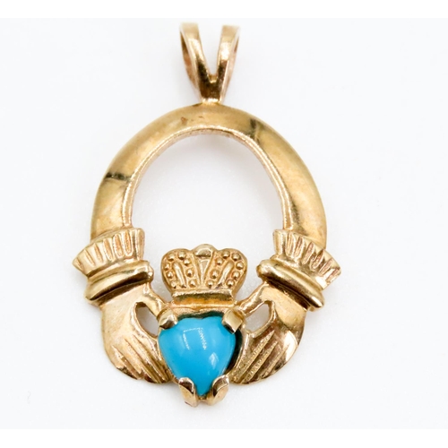 348 - Turquoise Set Claddagh Pendant Set in 9 Carat Yellow Gold 2.5 cm High